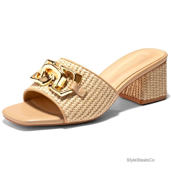 Raffia Slide Sandals with Chunky Block Heel and Metal Chain